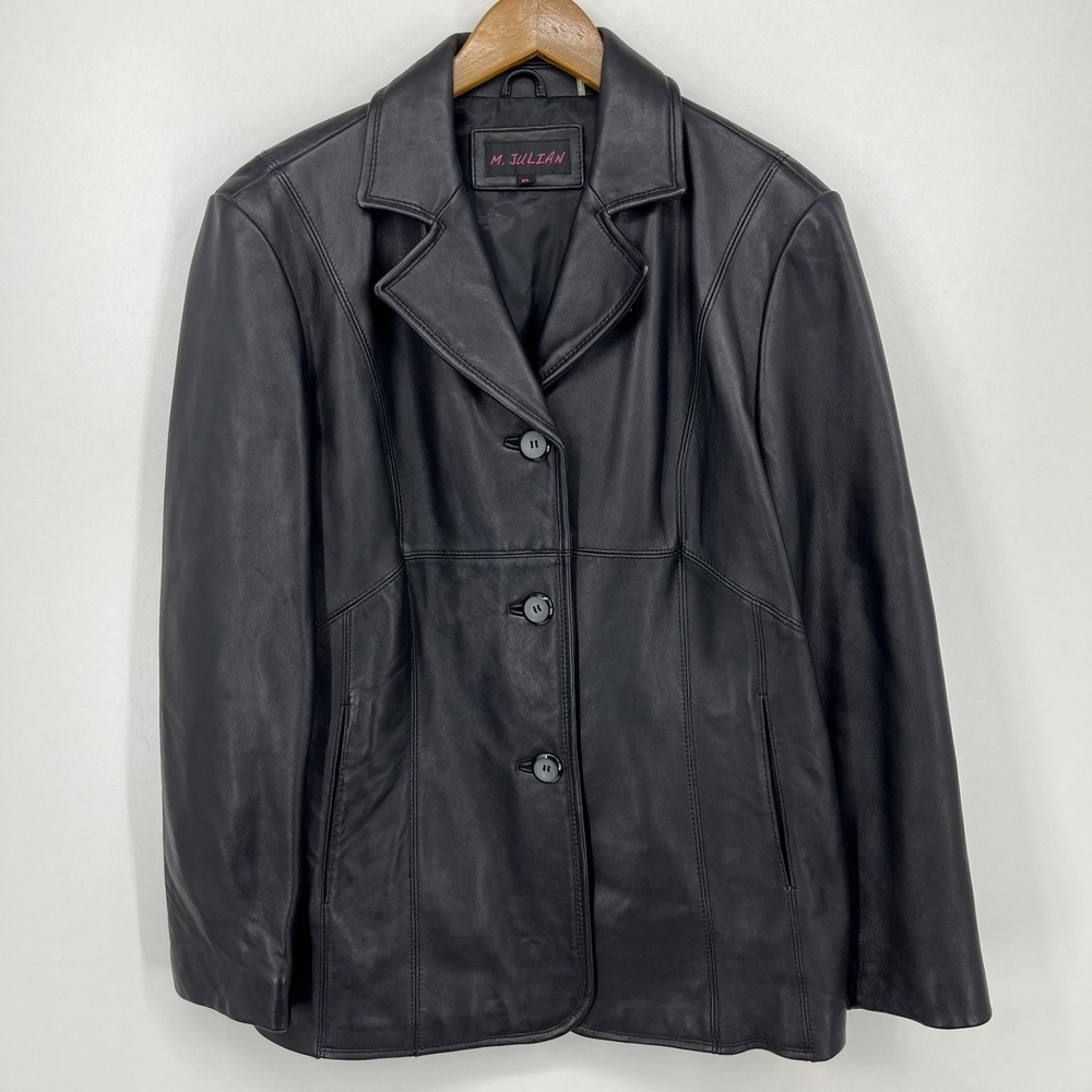 M. Julian Genuine Leather Jacket Women's Size XL Black Button Pockets